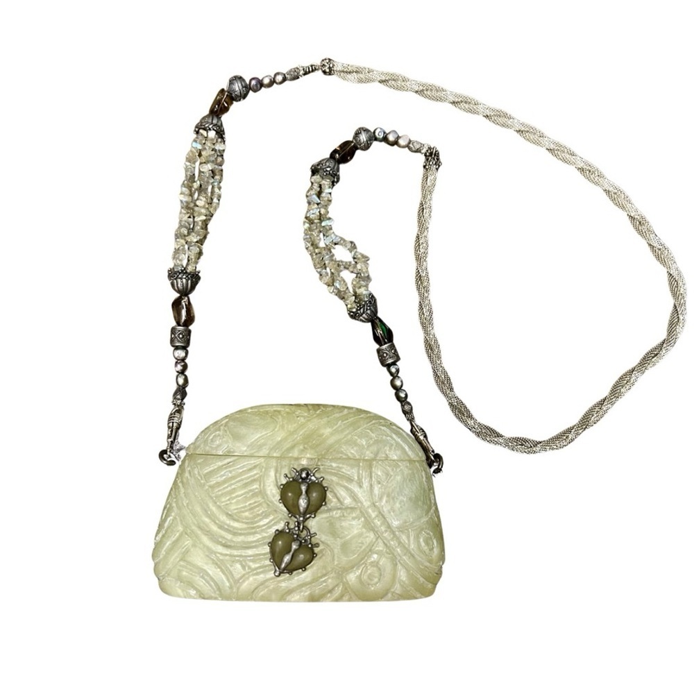 Maya Carved Resin Sculptural Crossbody Purse with Beaded Strap